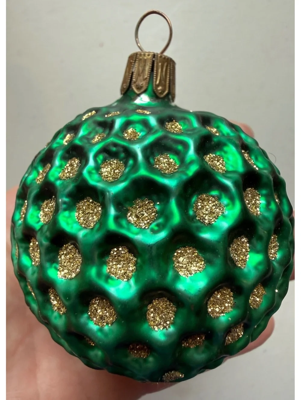 Vintage Germany Green Glass Hobnail Christmas Ornament Gold Glitter 3”